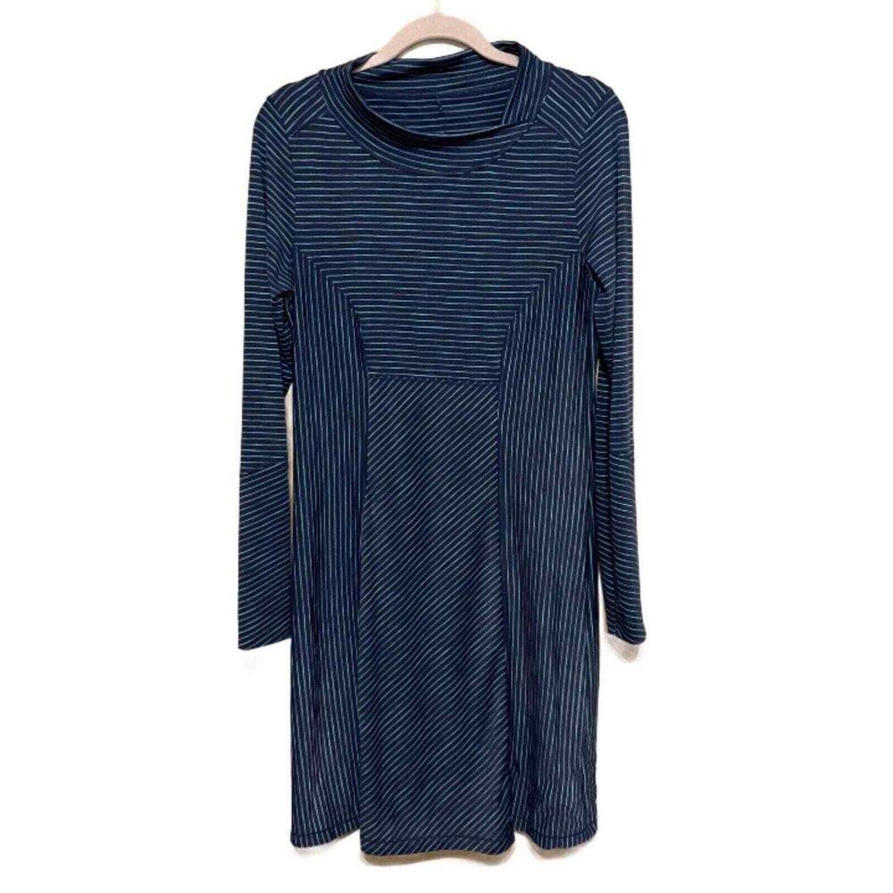 Prana Scramble Mock Neck Dress Womens Medium Blue Long Sleeve Striped Athletic